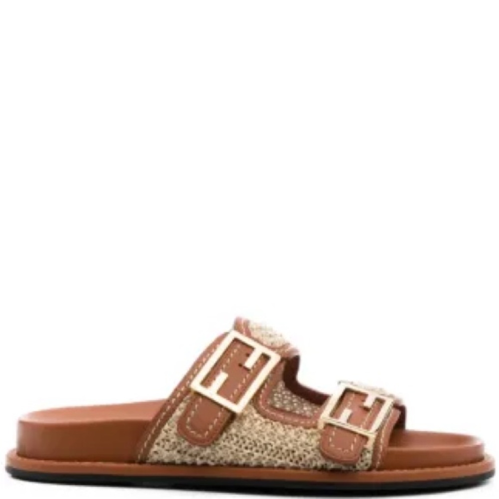 Fendi FF Logo Buckle Raffia-Strap Slides Sandals